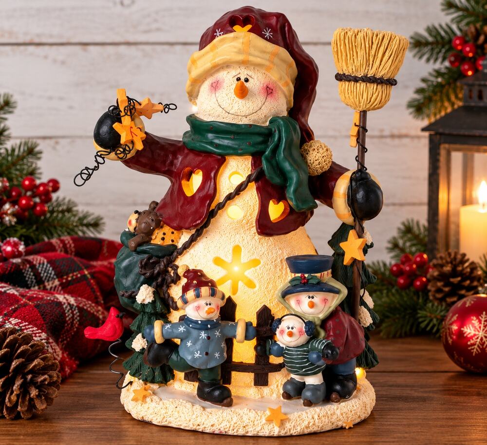Vintage Lighted Snowman Family Christmas Figurine 9 Inch Holiday Decor